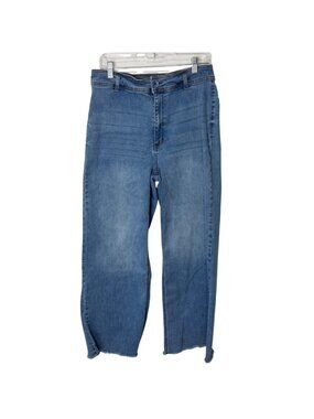 Oat Womens Size 31 Wide Leg Jeans Frayed Hem Blue Denim Stretch